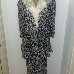 Vintage Antares Floral Black and White Dress with Lace Collar large